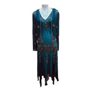 CAMILLE LA VIE Beaded Silk Dress & Sheer Jacket Set Blue Size 12 Formal